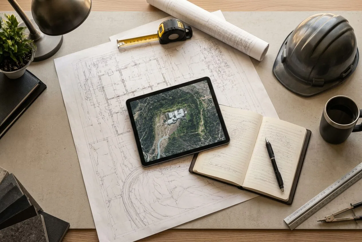 Baupläne, Notizbuch, Maßband, Bauhelm und Tablet mit Lageplan auf dem Arbeitstisch im Tageslicht