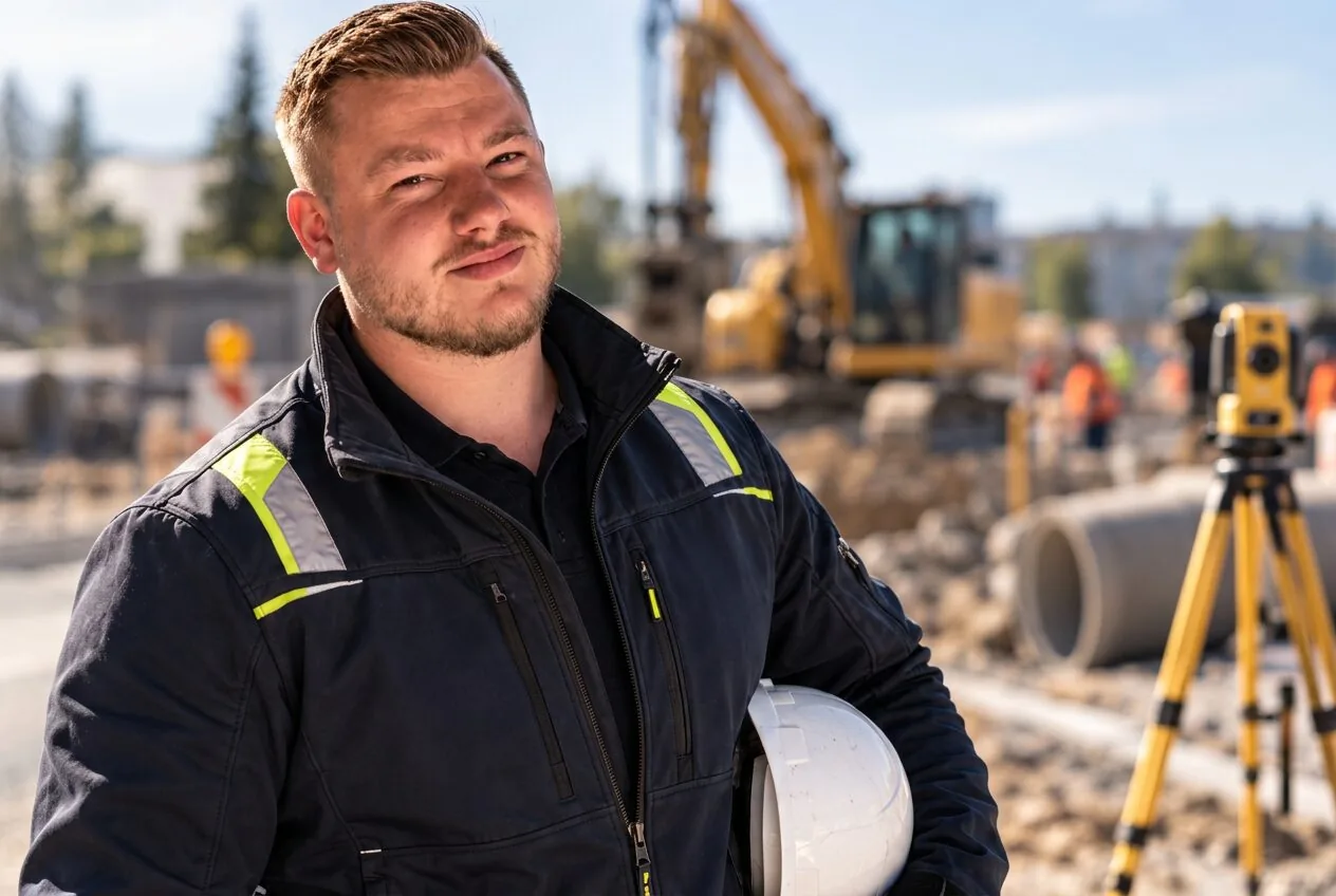 Eric Aust mit Bauhelm auf der Baustelle, Bagger und Vermessungsstativ im Hintergrund