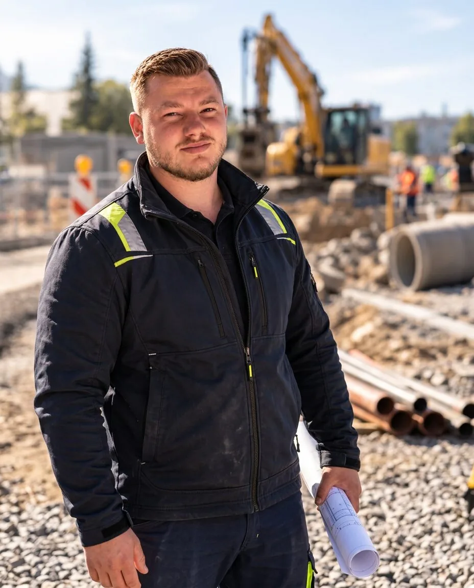 Eric Aust mit gerolltem Bauplan auf einer Baustelle bei Tageslicht
