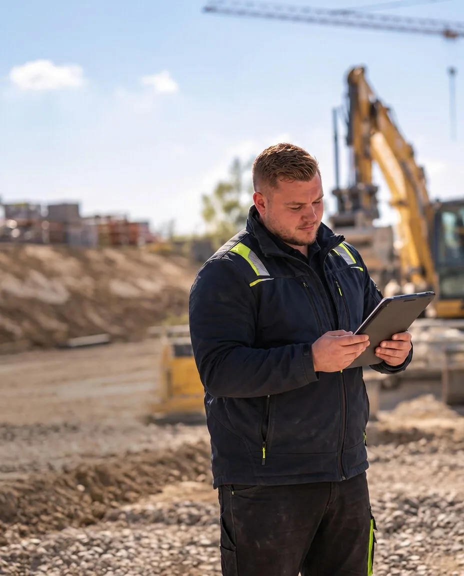 Bauleiter mit Tablet auf einer Baustelle, Bagger im Hintergrund