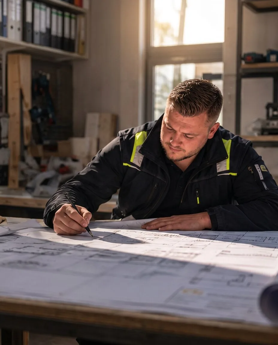 Bauleiter prüft und markiert technische Baupläne am Zeichentisch